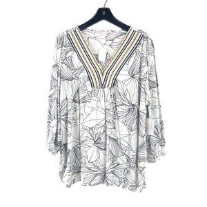 Stella + Ginger Womens Floral V-Neck Blouse With 3/4 Sleeves Size 2X Sea Salt &